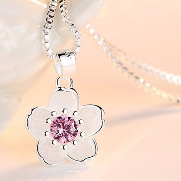 Flower Pendant Necklace Pink Gemstone Silver Set - Picture 7 of 7